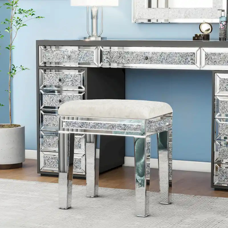 Tabouret de coiffeuse miroir diamant avec siège en velours rembourré