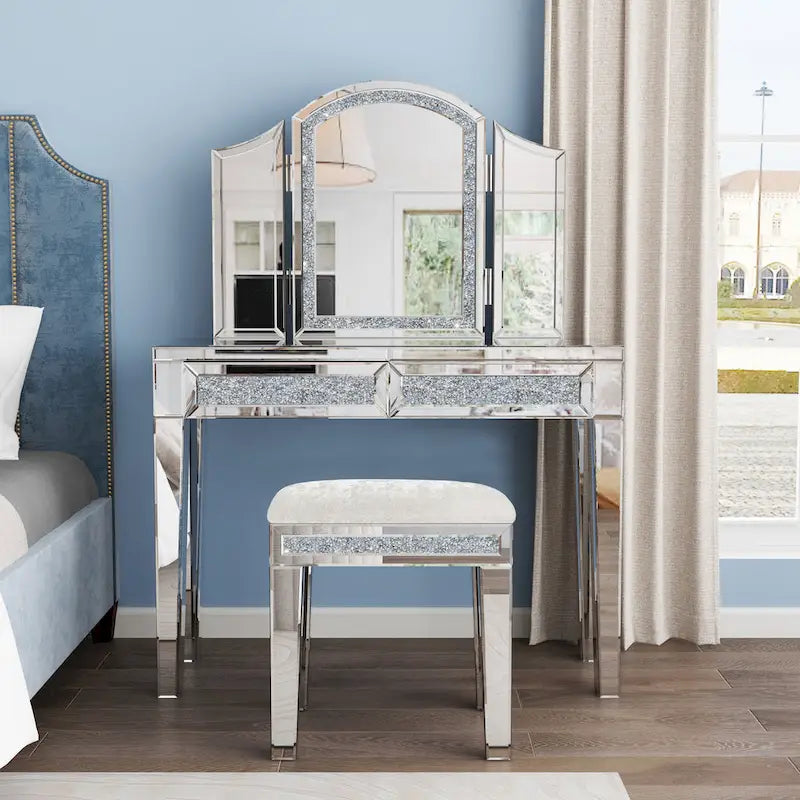 Tabouret de coiffeuse miroir diamant avec siège en velours rembourré
