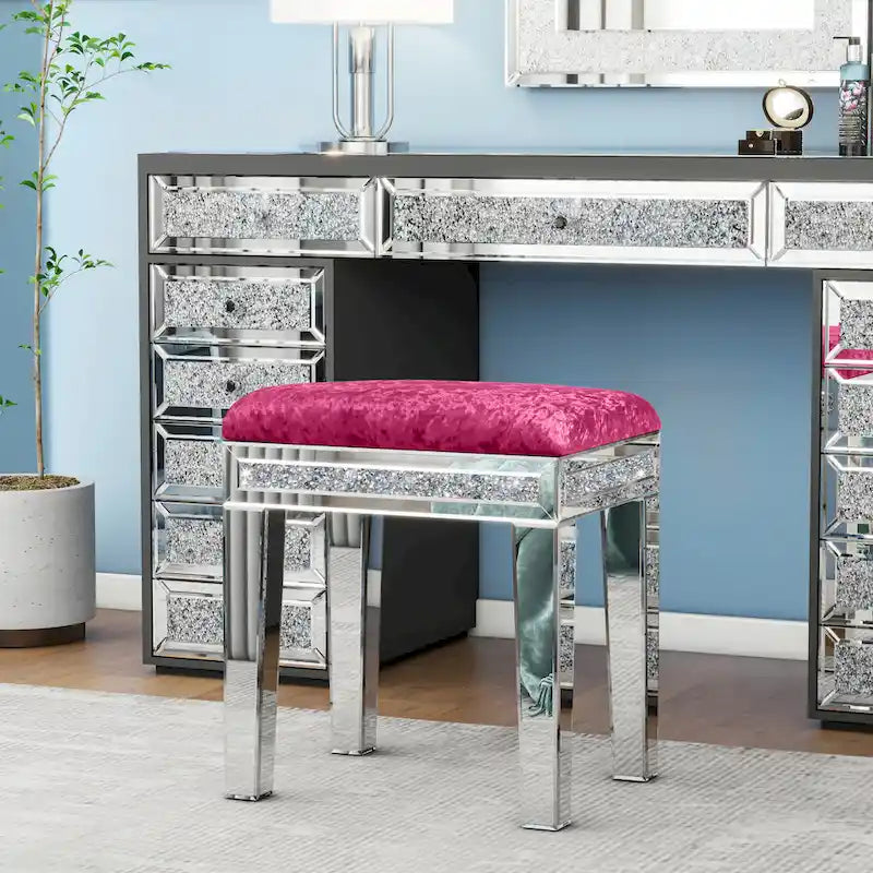 Tabouret de coiffeuse miroir diamant avec siège en velours rembourré