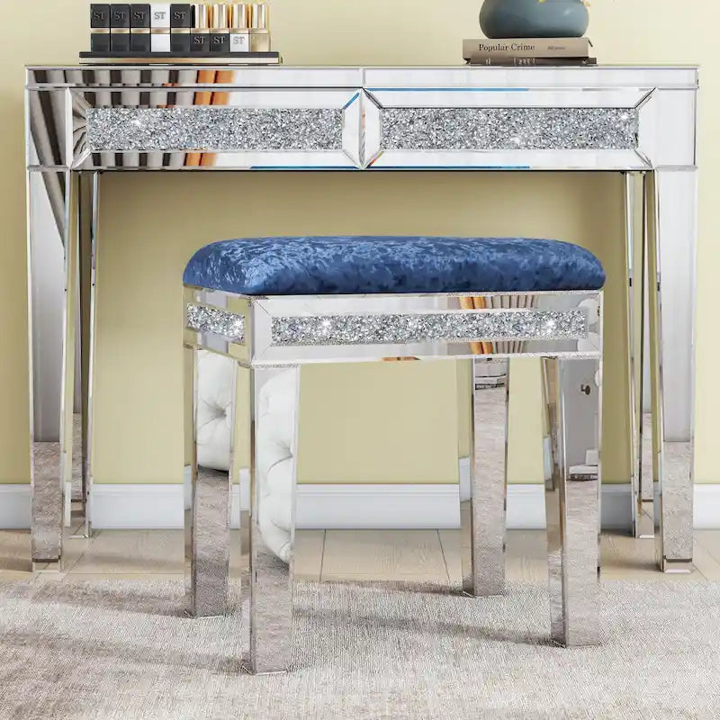 Tabouret de coiffeuse miroir diamant avec siège en velours rembourré