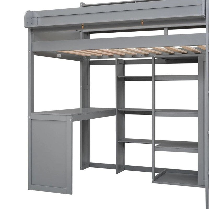 Lit mezzanine en bois avec plusieurs étagères de rangement et bureau