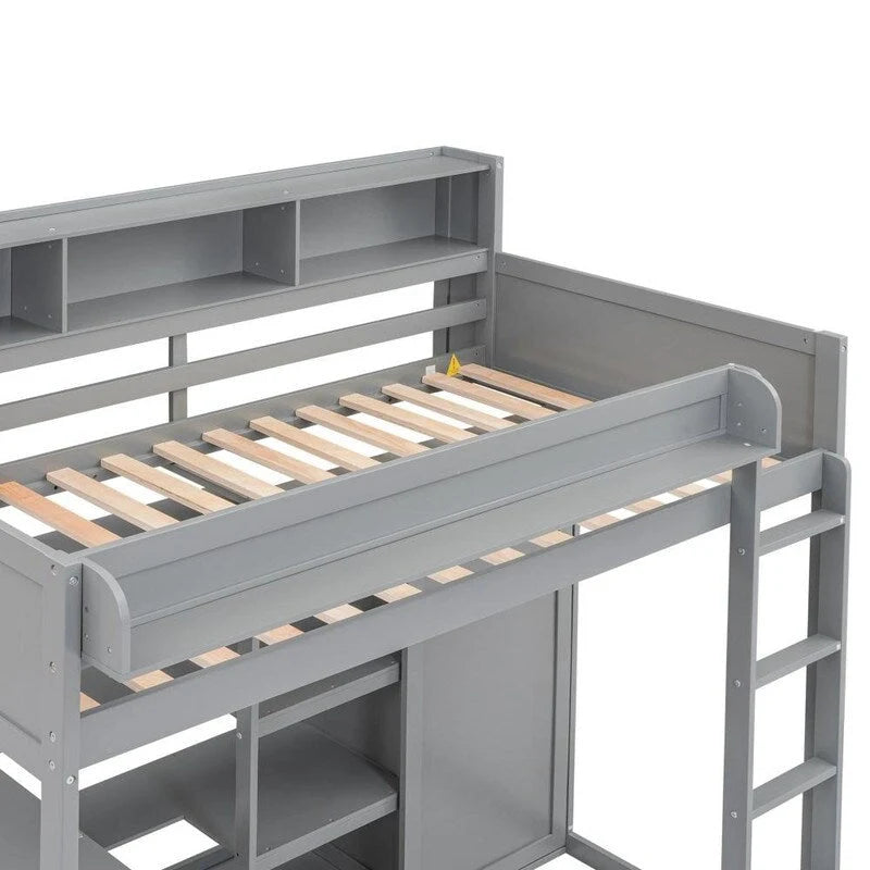 Lit mezzanine en bois avec plusieurs étagères de rangement et bureau