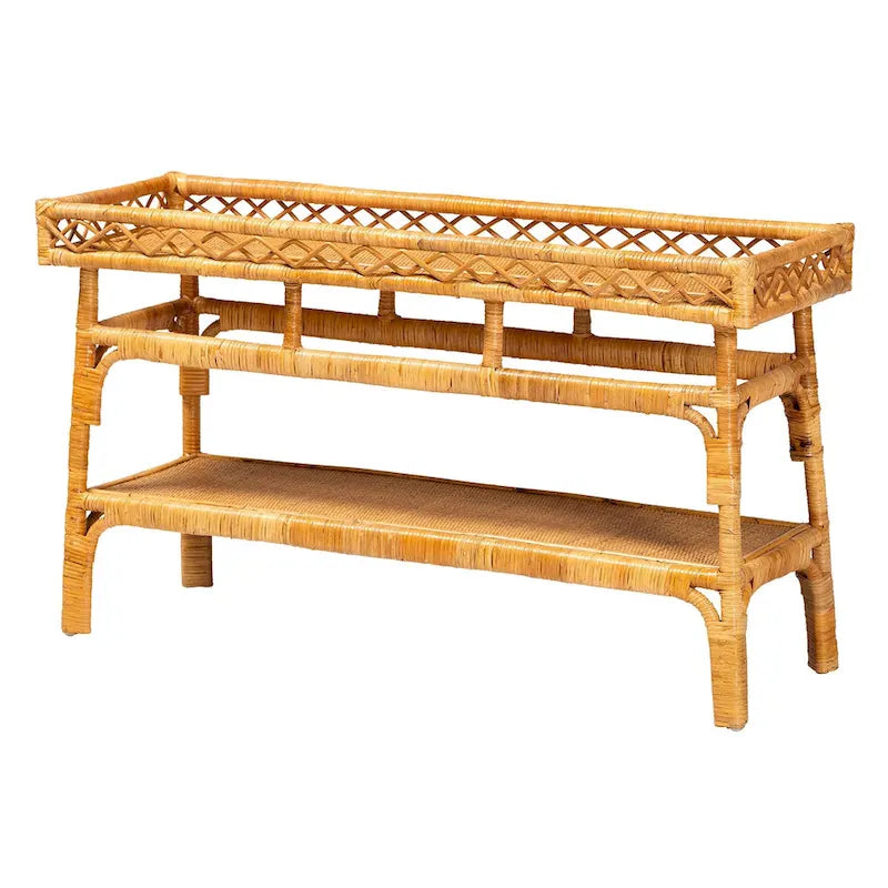 Console de style bohème moderne en rotin naturel à 2 niveaux