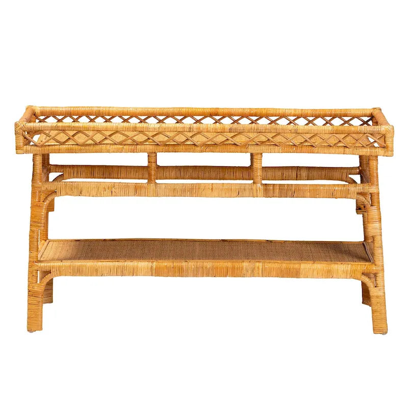 Console de style bohème moderne en rotin naturel à 2 niveaux