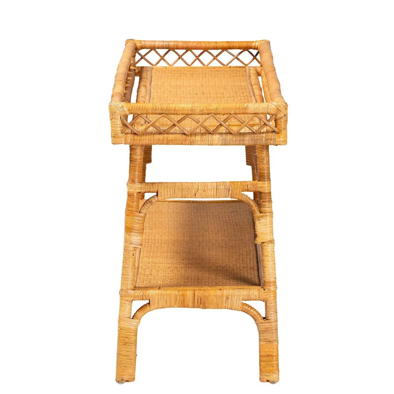 Console de style bohème moderne en rotin naturel à 2 niveaux