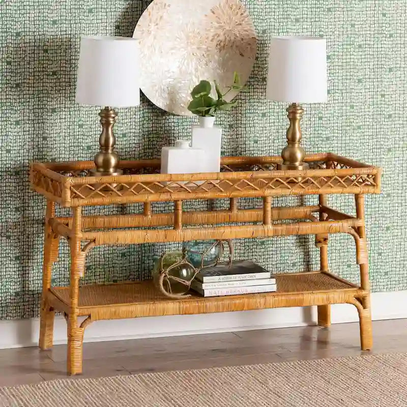 Console de style bohème moderne en rotin naturel à 2 niveaux