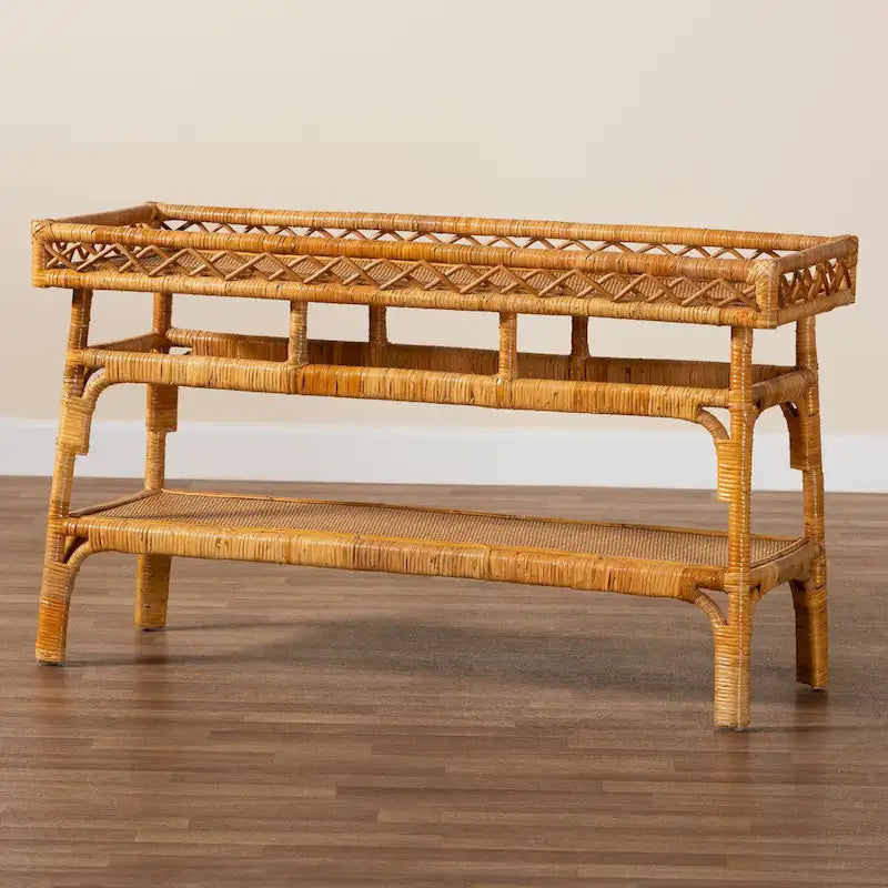 Console de style bohème moderne en rotin naturel à 2 niveaux