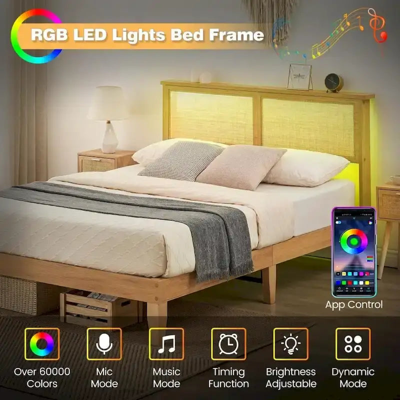 Cadre de lit plateforme avec tête de lit carrée en rotin naturel et lumières LED