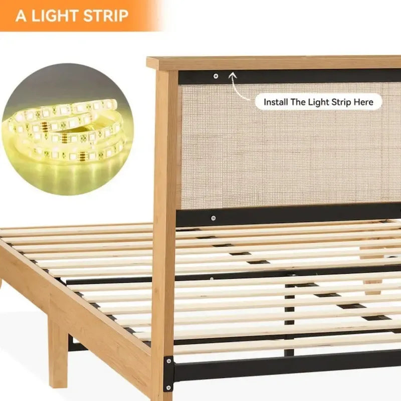 Cadre de lit plateforme avec tête de lit carrée en rotin naturel et lumières LED