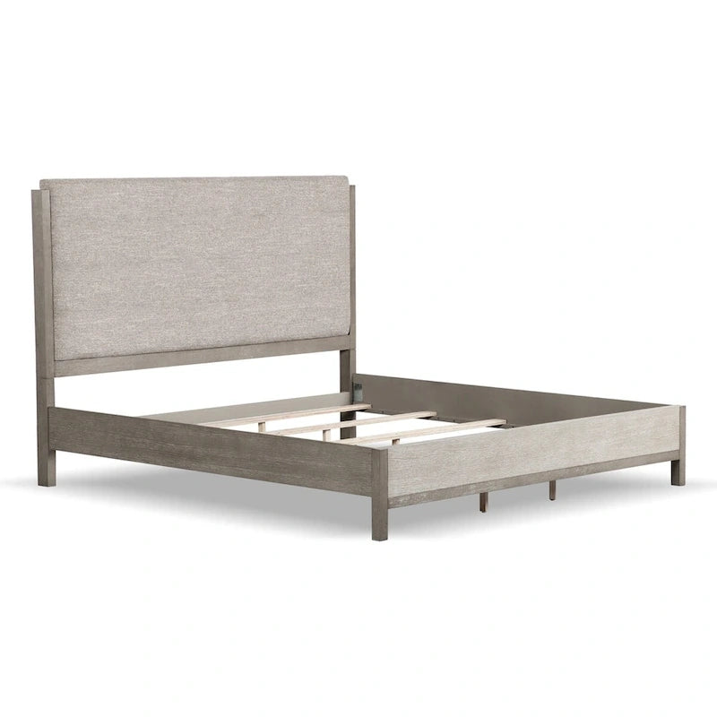 Cadre de lit contemporain en bois massif gris avec tête de lit capitonnée