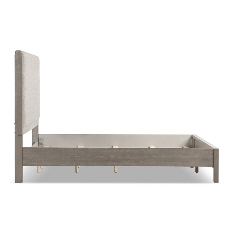 Cadre de lit contemporain en bois massif gris avec tête de lit capitonnée