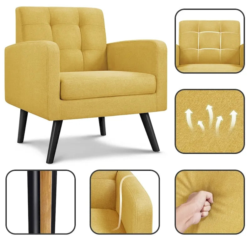 Fauteuil en tissu capitonné avec pieds en bois d'hévéa