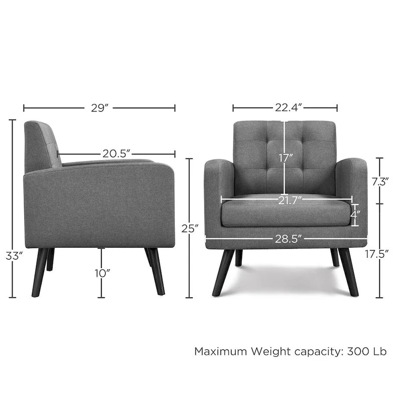 Fauteuil en tissu capitonné avec pieds en bois d'hévéa