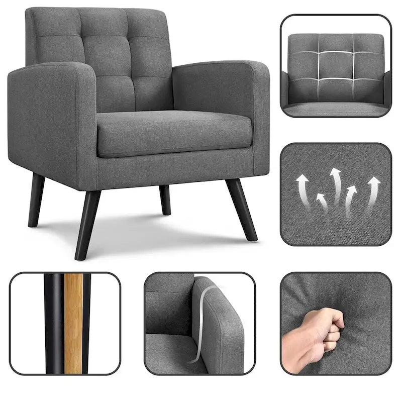 Fauteuil en tissu capitonné avec pieds en bois d'hévéa
