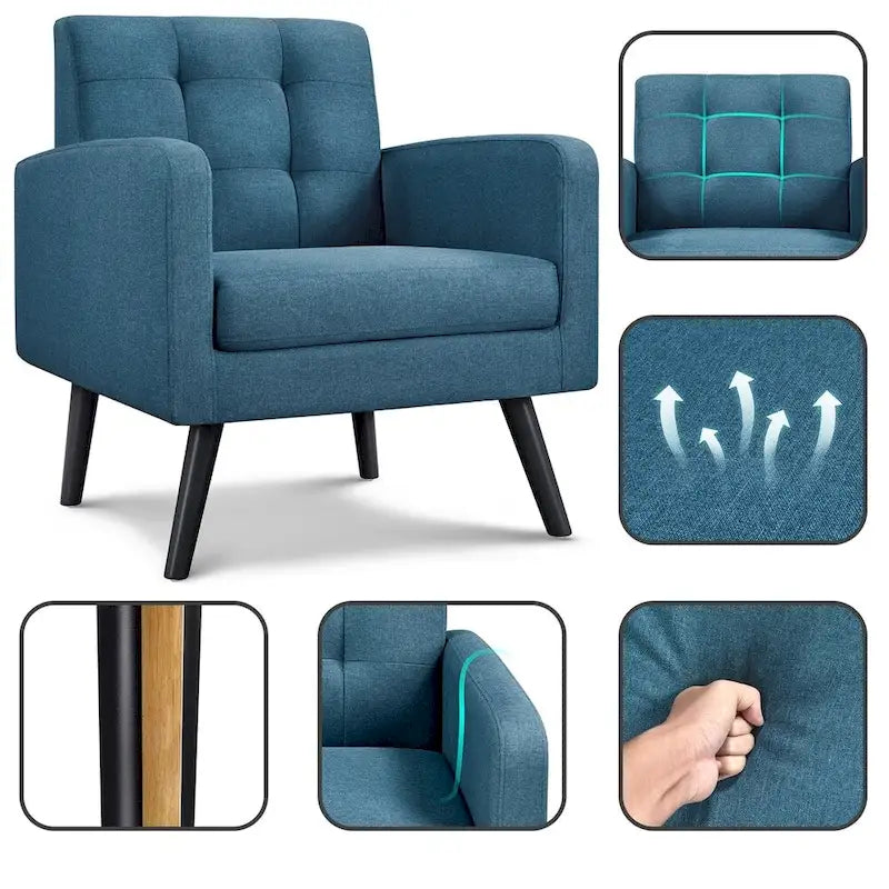 Fauteuil en tissu capitonné avec pieds en bois d'hévéa