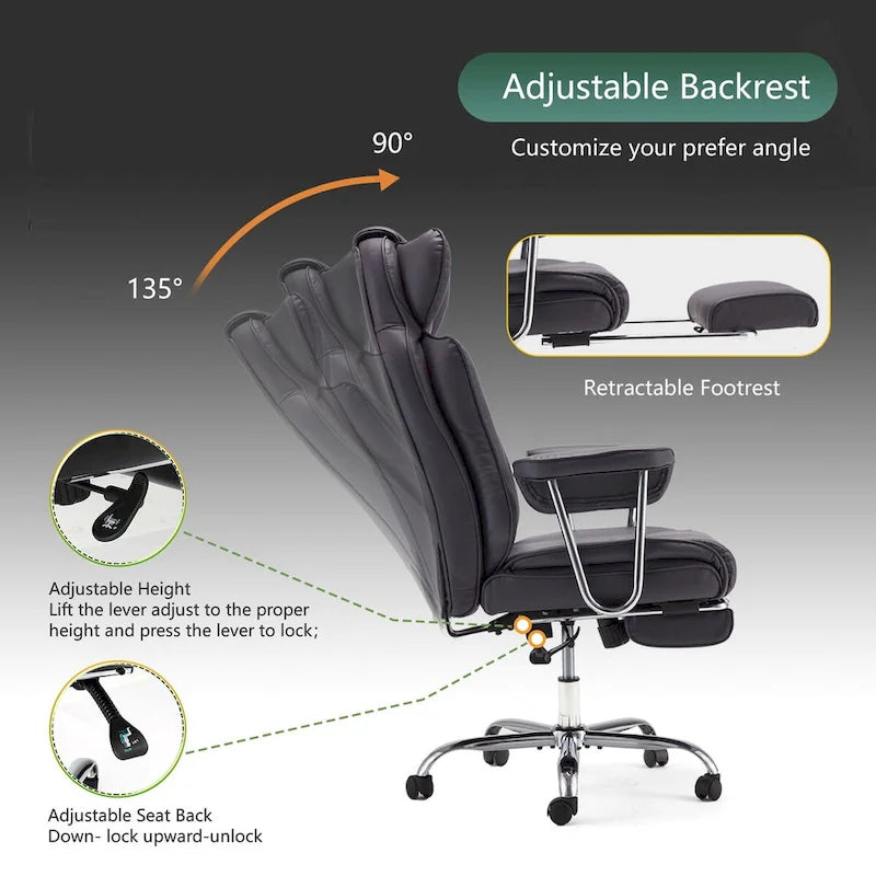 Fauteuil de bureau en cuir grande taille avec repose-pieds
