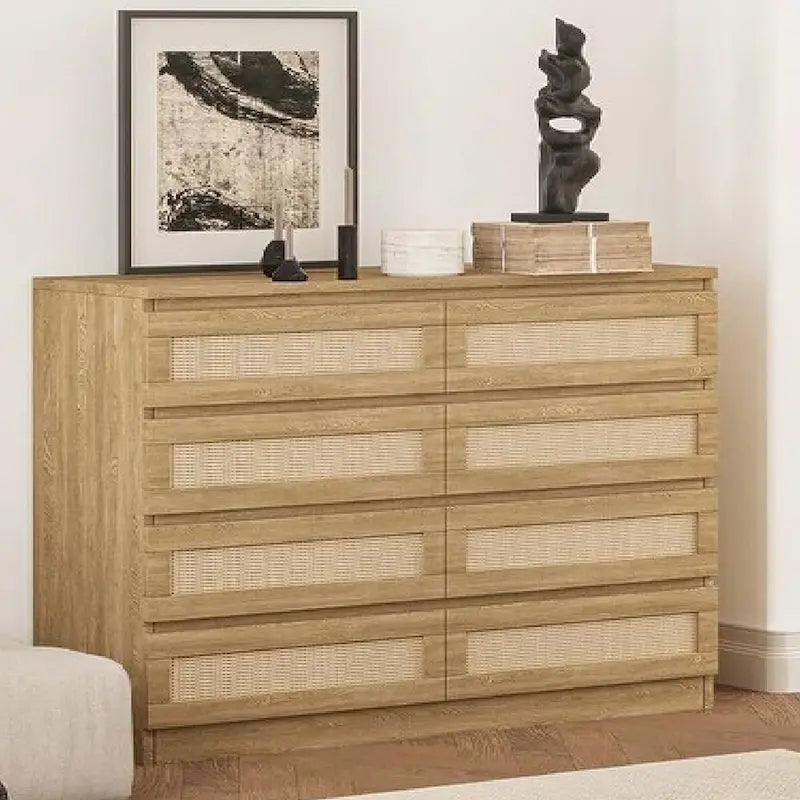 Commode double à 8 tiroirs en rotin pour chambre à coucher