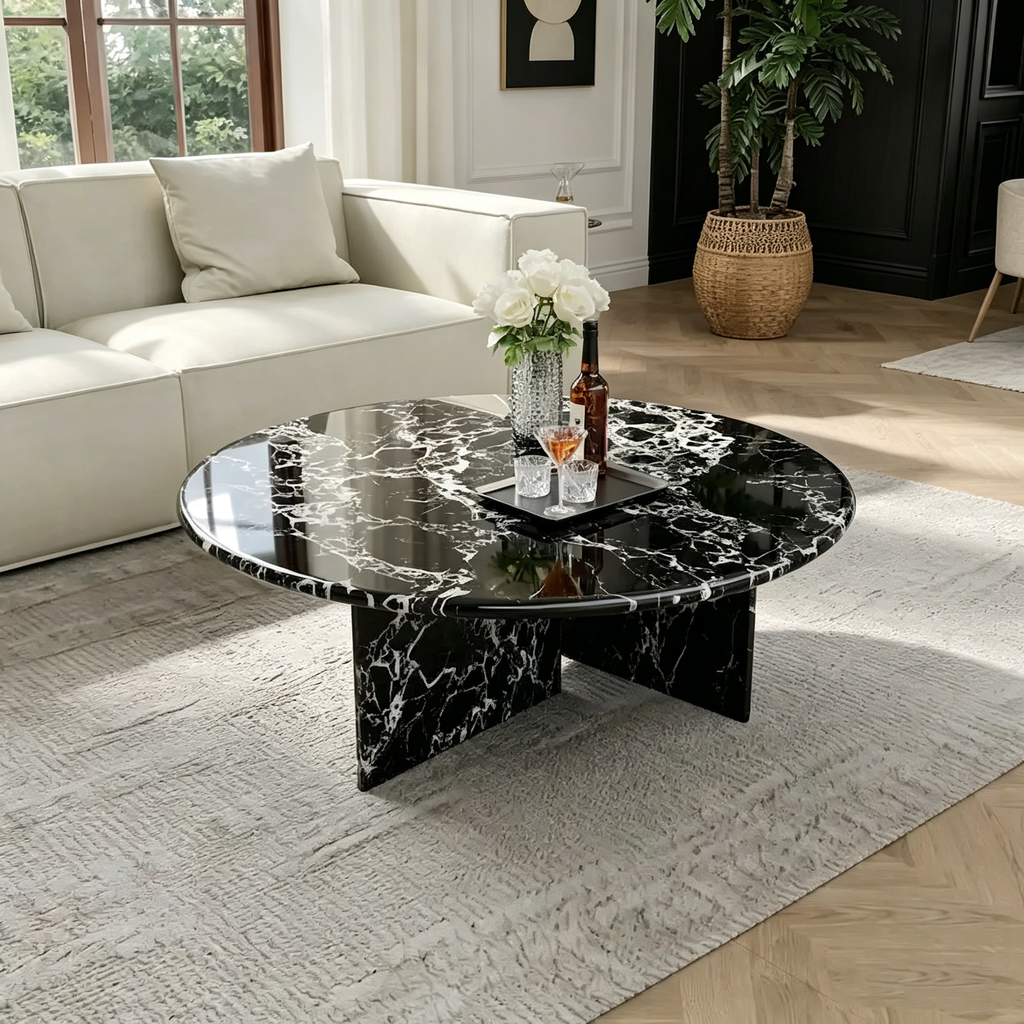 Table basse ronde moderne, plateau en faux marbre brillant