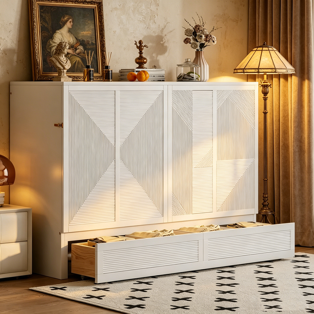 Lit escamotable avec grand tiroir, ports USB et prises de courant