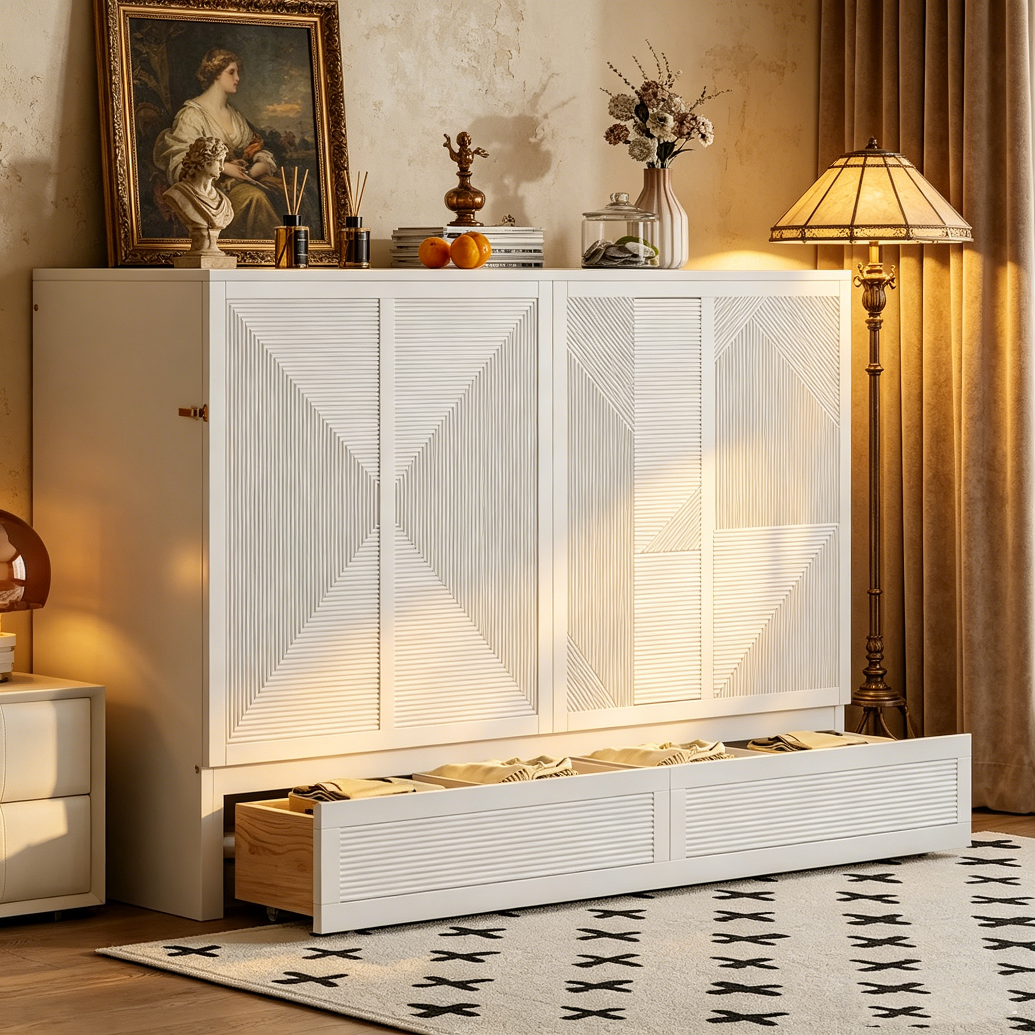 Lit escamotable avec grand tiroir, ports USB et prises de courant