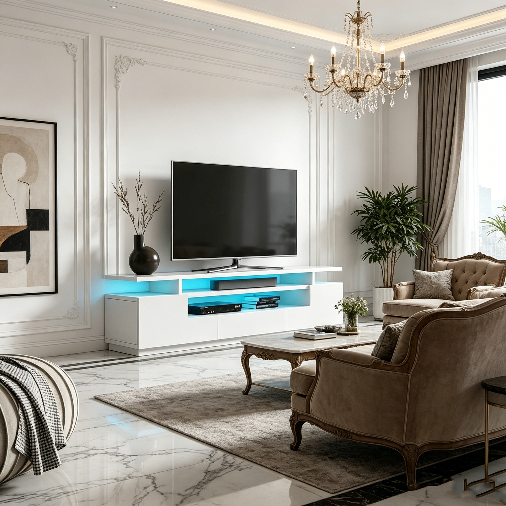 Meuble TV laqué avec lumières LED
